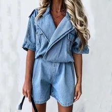 Indie Style Casual Blue Denim Water Wash Summer Short Sleeve Women Playsuit Button High Waist Turn Down Collar Female Playsuit 
Indie Style Casual Blue Denim Water Wash Summer Short Sleeve Women Playsuit Button High Waist Turn Down Collar Female Playsuit