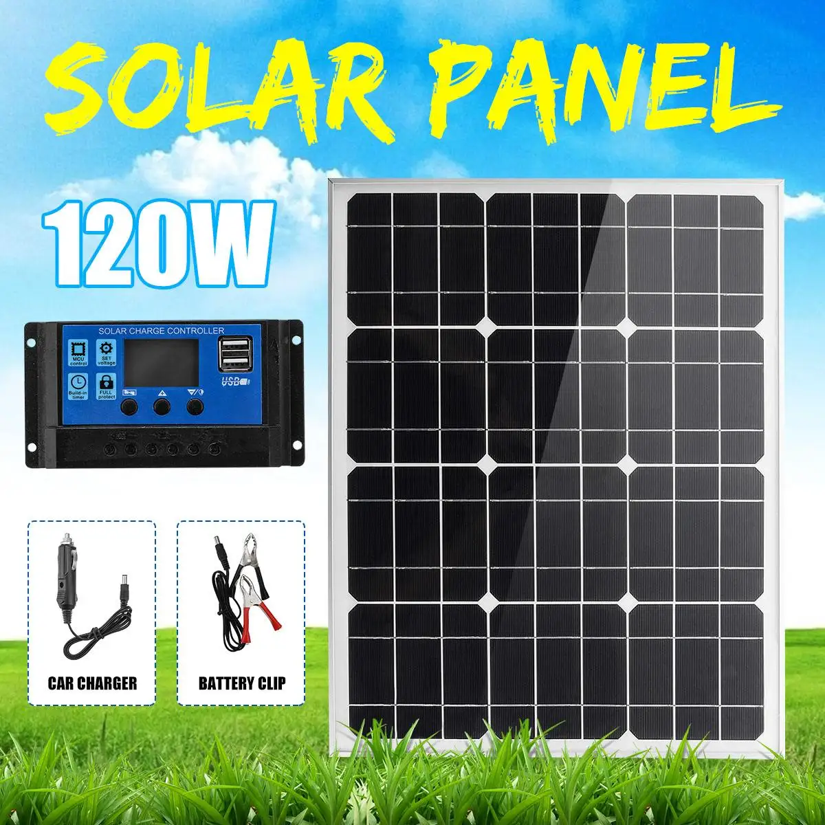 18V Solar Panel 120W Dual USB Power Bank Board with Car Charger 10A Solar Panel Regulator Charger Controller for Outdoor Camping
18V Solar Panel 120W Dual USB Power Bank Board with Car Charger 10A Solar Panel Regulator Charger Controller for Outdoor Camping