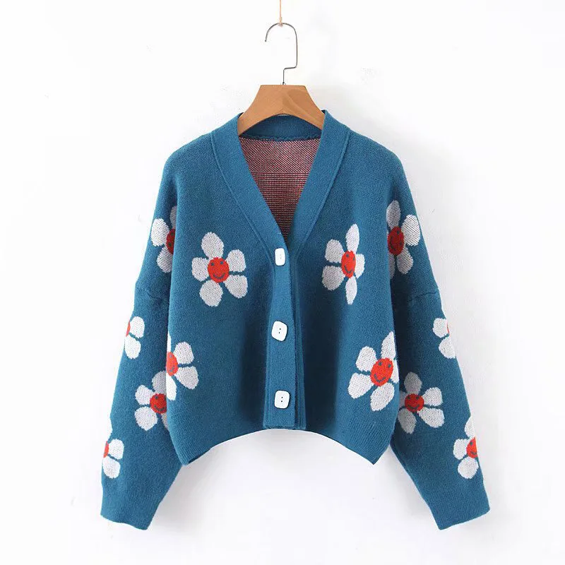 Women cardigan Female Sweaters Cute Light Green Symbol Life Vintage Sweater Spring with Flower Print Tops |