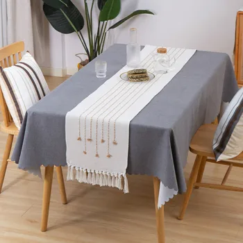 

DUNXDECO Table Runner Tablecloth Cover Fabric Modern Simple Lines Geometric Cotton Weaving Tassels Home Office Store Decorating