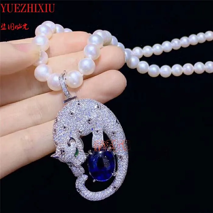 

Noble natural 8-9mm white freshwater pearl necklace micro inlay zircon leopard head Clasp pendant 18inch