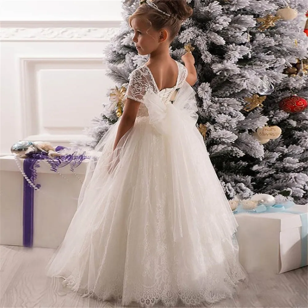 Фото White Flower Girl Dresses Short sleeve Lace Applique Fluffy Tulle Pageant Gown For First Holy Communion Party | Свадьбы и торжества