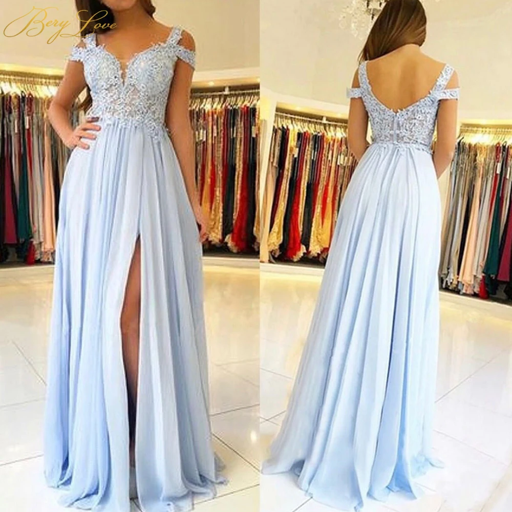 

BeryLove Light Blue Lace Bridesmaid Dresses 2020 Chiffon High Slit Side Sleeves Appliques Long Party Guest Wedding Party Gown