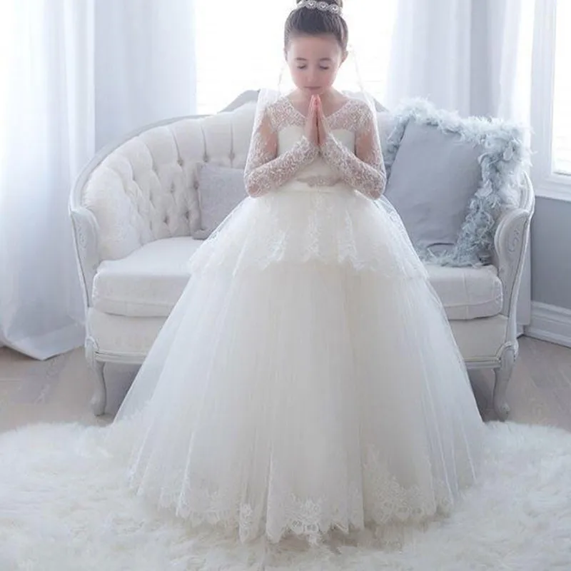 170 Lace Long Sleeve Flower Girls Dresses 2020 Scoop Ball Gown Princess Little Girls Wedding Party Dress First Communion Gowns