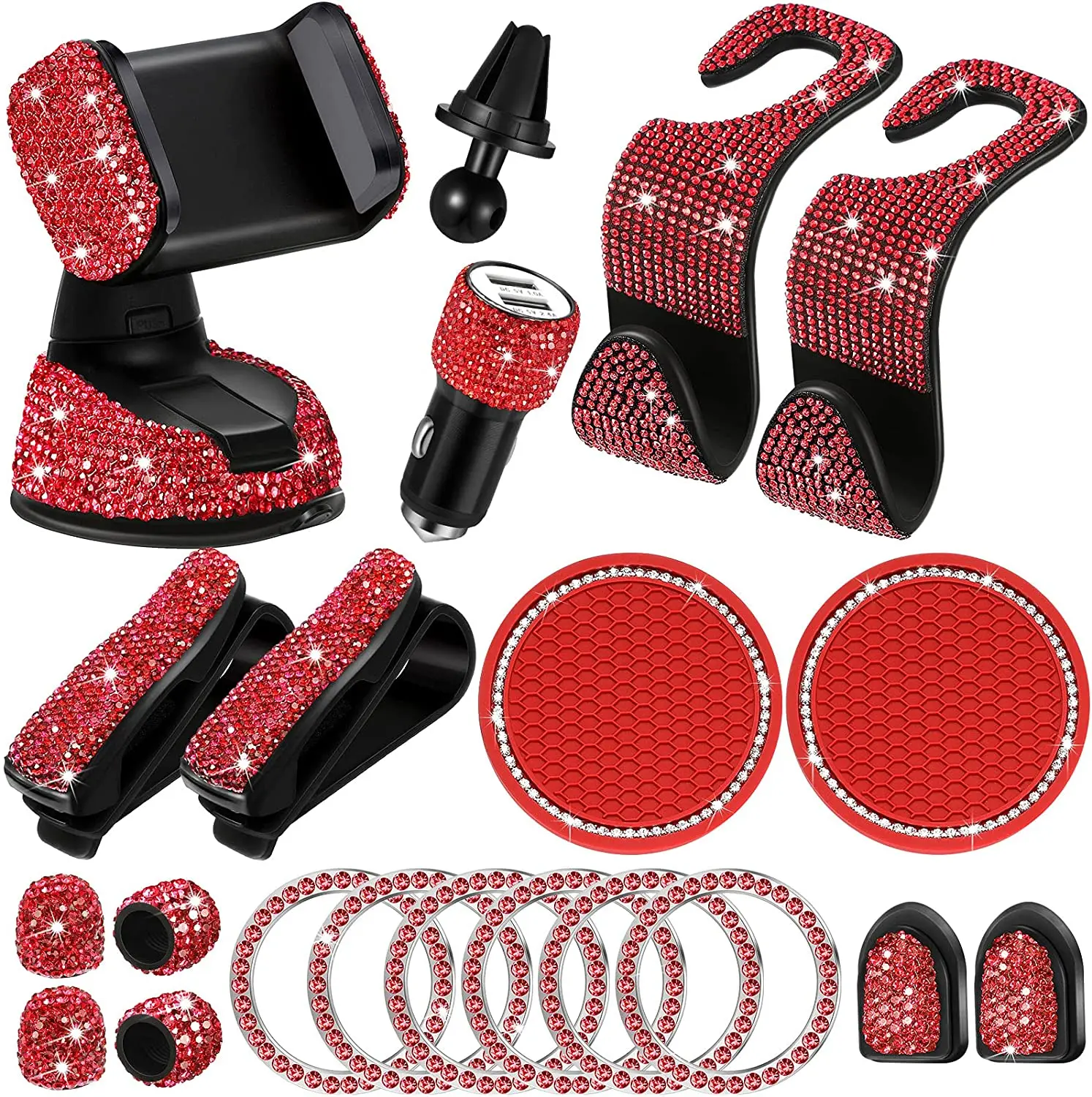 Red Car Styling Accessories for Women Interior Cute Bling Set Glitter Rhinestone Diamond Decorations Universal Use 20pcs | Автомобили и