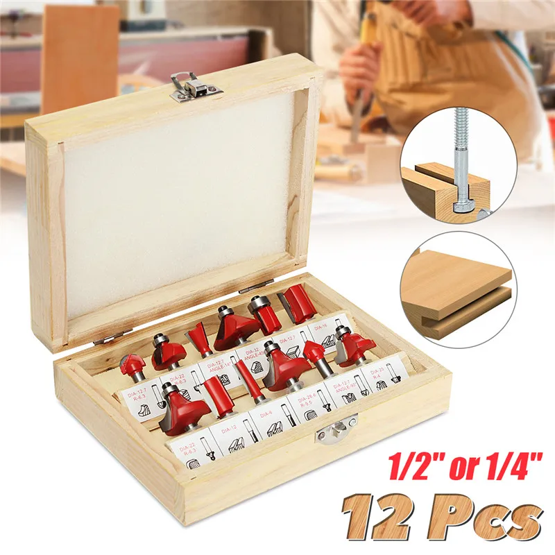 12pcs 1/2 Inch or 1/4 Inch Shank Tungsten Carbide Wood Working Router Bit Cutter Rotary Tool Set
12pcs 1/2 Inch or 1/4 Inch Shank Tungsten Carbide Wood Working Router Bit Cutter Rotary Tool Set