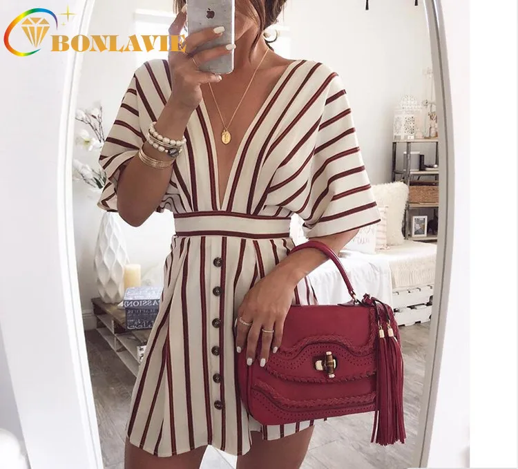 Women Dress Deep V-neck Half Sleeve Nature Waist Red Blue Color Stripe Pattern Cotton Blend Female Summer Fashion Clothing 
Women Dress Deep V-neck Half Sleeve Nature Waist Red Blue Color Stripe Pattern Cotton Blend Female Summer Fashion Clothing