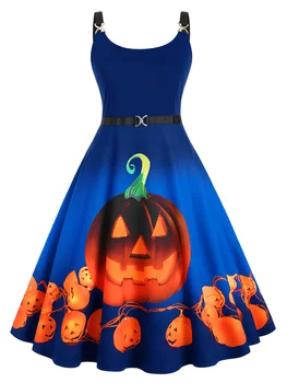 

Rosegal Large Size Halloween Pumpkin Print Dress Party Vintage 50S Pin Up Midi Dress Women High Waist Spaghetti Strap Dresses