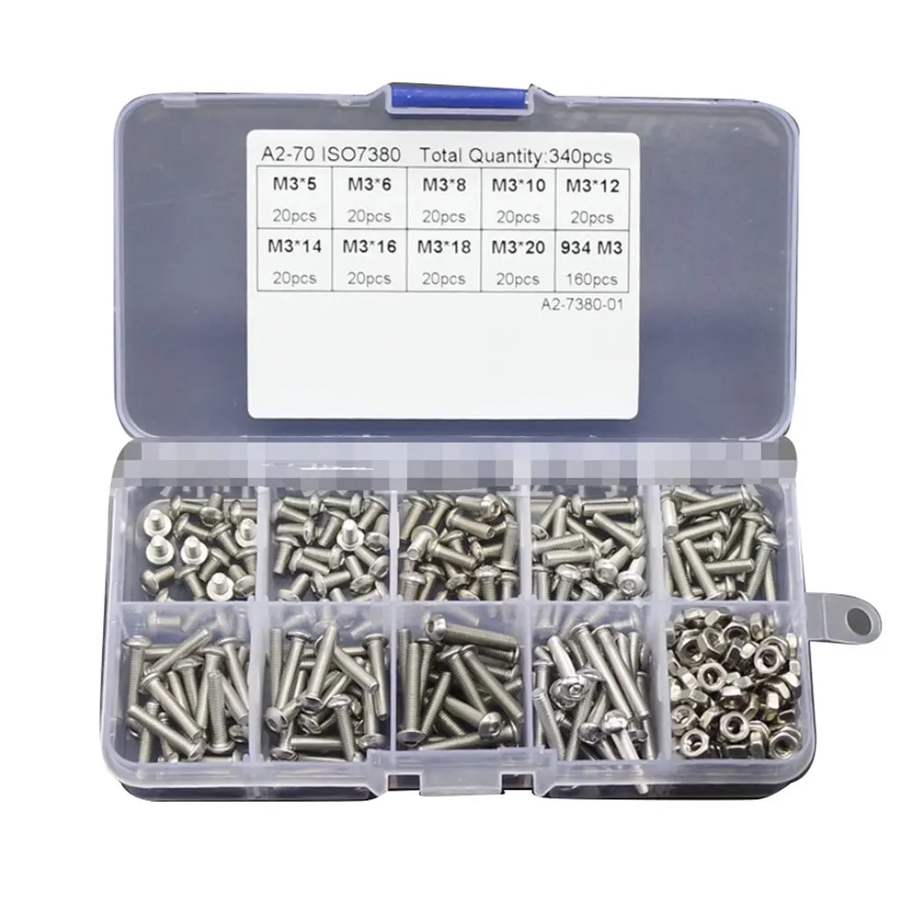 340Pcs M3 With Nuts Foreign Trade Stainless Steel 304 Pan Head Hexagonal Screw Combination Set Boxed
340Pcs M3 With Nuts Foreign Trade Stainless Steel 304 Pan Head Hexagonal Screw Combination Set Boxed