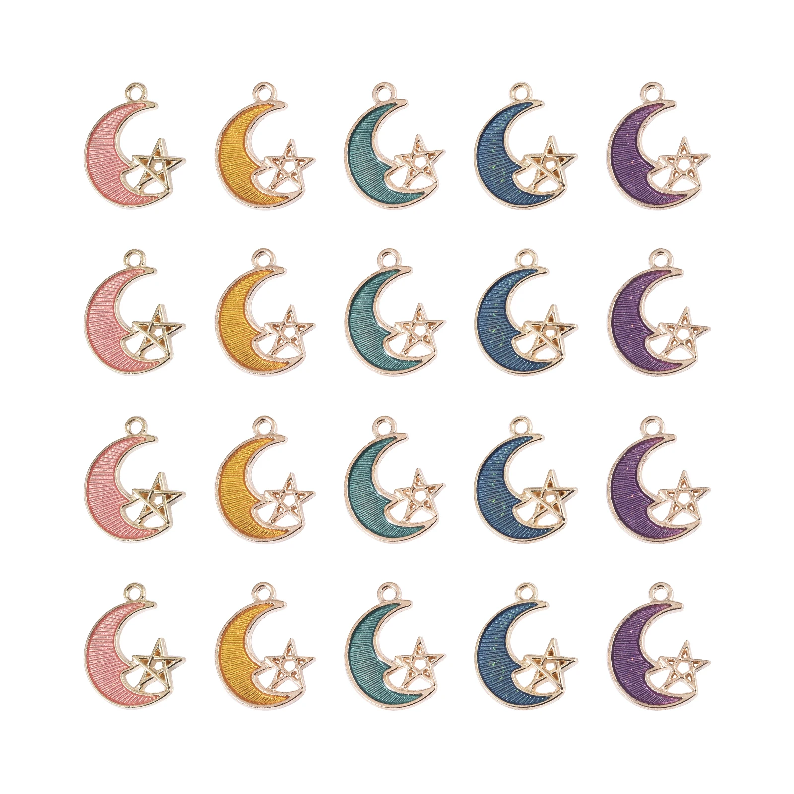 

100Pcs 5-Colors Moon with Star Enamel Charms for Jewlery Making DIY Necklcae Earrings Pendants Accessories 19.5x15.5x1.5mm