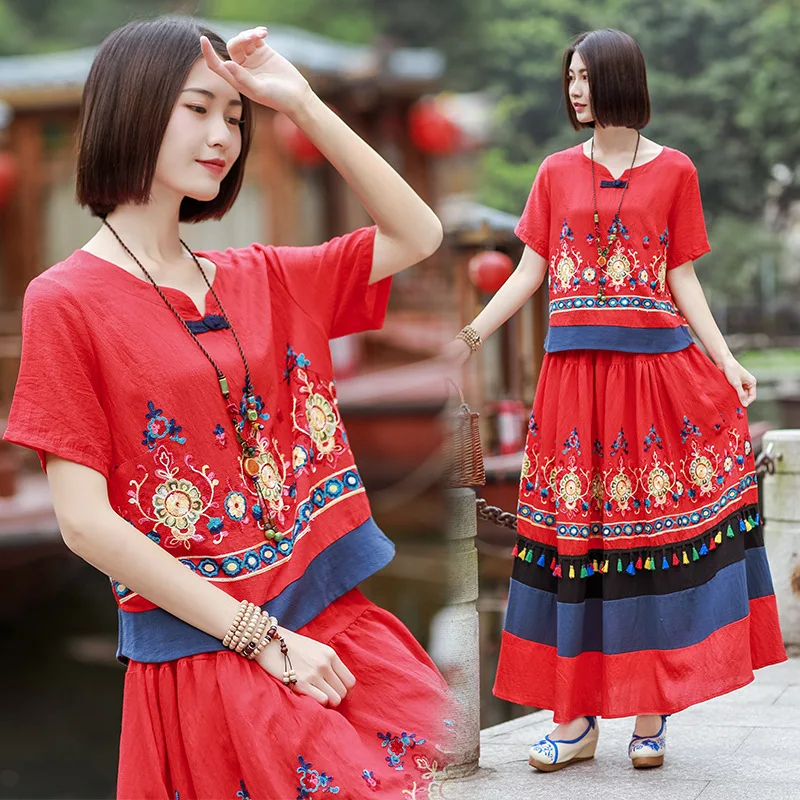 2019 Summer New Style Ethnic-Style Large Size Embroidered Retro Frog Shirt Half-length Big Skirt Two-Piece Set
2019 Summer New Style Ethnic-Style Large Size Embroidered Retro Frog Shirt Half-length Big Skirt Two-Piece Set