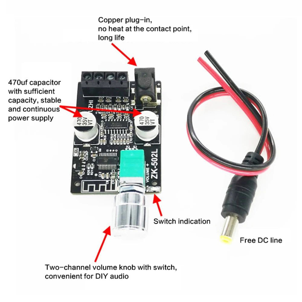 Mini 50W Bluetooth 5.0 digital power amplifier module with switch 502L to adjust the volume 24V power supply dual channel
Mini 50W Bluetooth 5.0 digital power amplifier module with switch 502L to adjust the volume 24V power supply dual channel