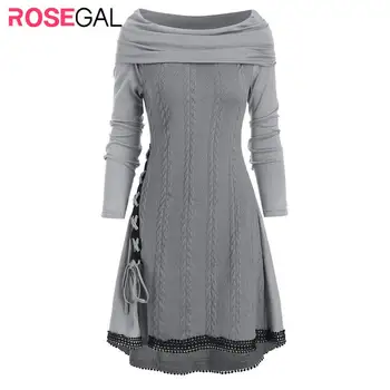 

ROSEGAL Fashion Winter Sweaters Lace Up Cowl Neck Guipure Insert Longline Knitwear Long Sleeve Autumn Pullovers Daily Casual