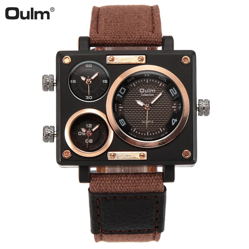 Oulm Men Watch Fashion Sport Canvas Fabric Rectangle Case Double Time Quartz Watches Military Wristwatches | Наручные часы