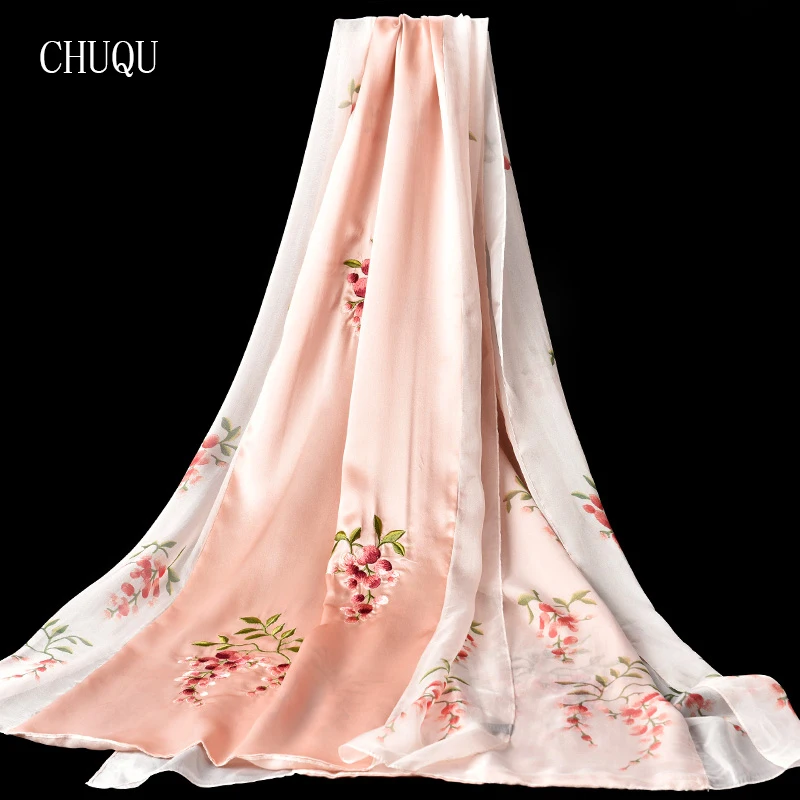 

Natural Double Silk Scarf Women Luxury Brand 100% Real Silk Hand-Embroidery Headscarves Bufandas Floral Pure Silk Shawls Wraps