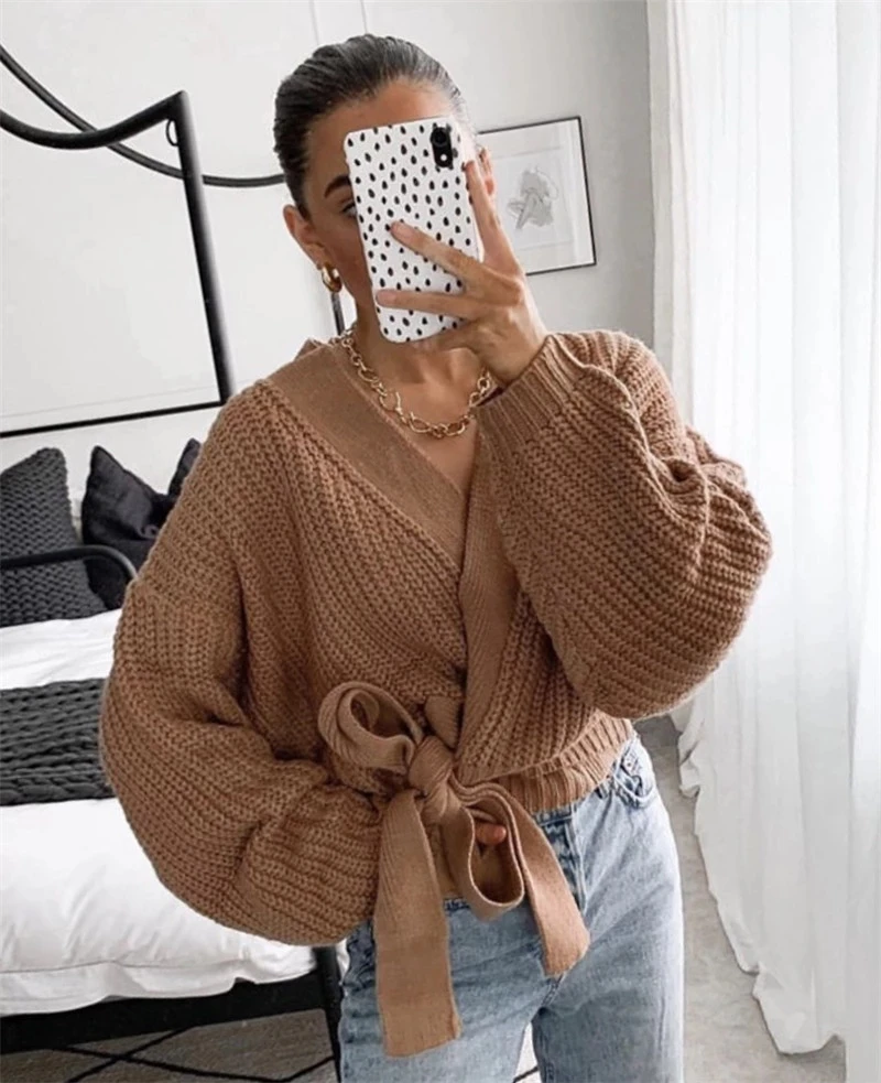 

Women Knit Sweater Fall Winter Elegance Casual Criss-cross V-neck Lace Up Cardigans For Female Loose Solid Short Sweaters Jacket