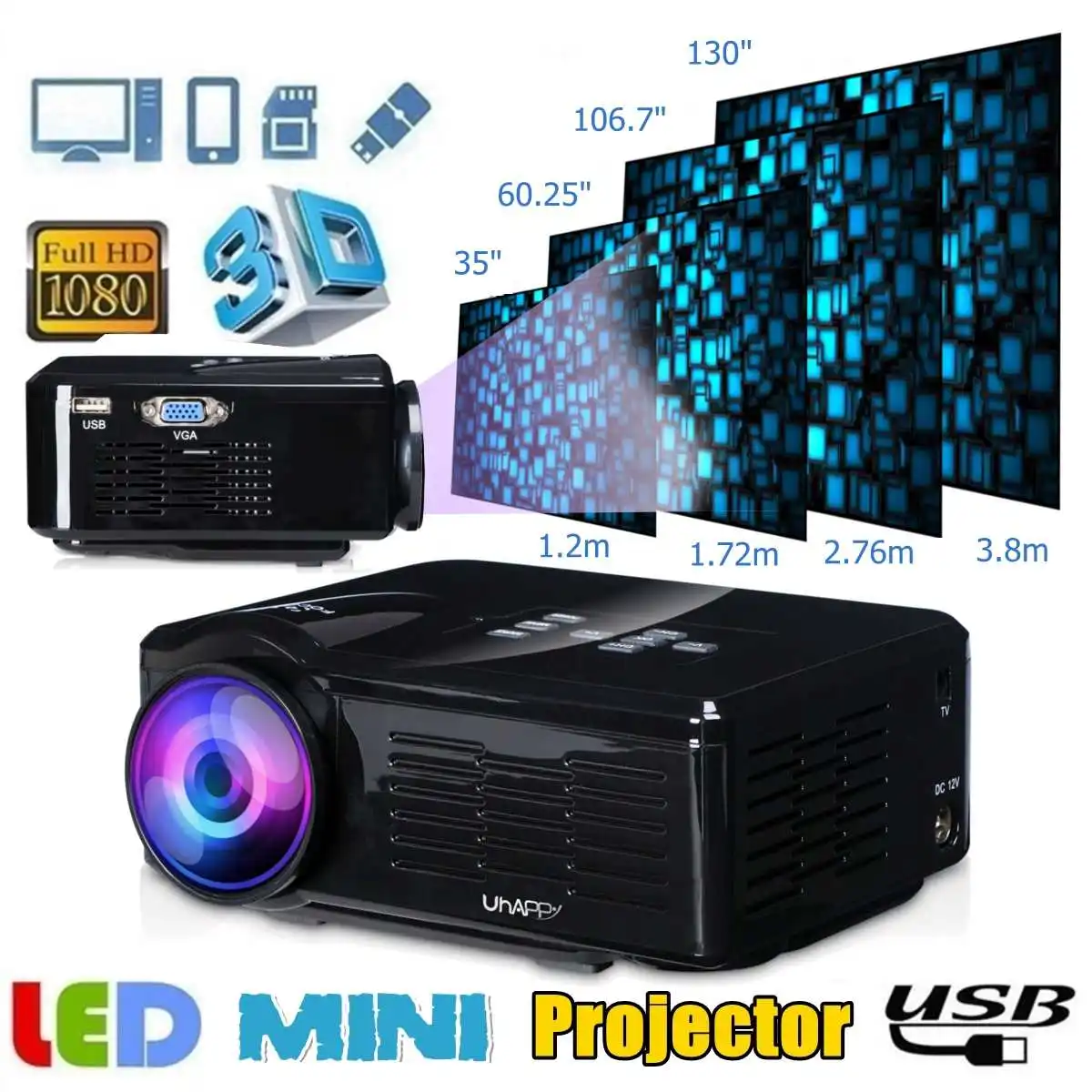 Full HD 1080P LED Mini Projector Home Media Movie Player Proyector Support USB/SD/VGA/AV/Micro USB/TV with Remote Control Beamer
Full HD 1080P LED Mini Projector Home Media Movie Player Proyector Support USB/SD/VGA/AV/Micro USB/TV with Remote Control Beamer
