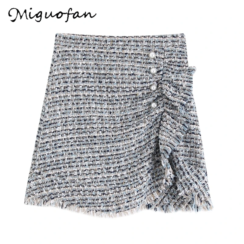 Miguofan женская клетчатая юбка твидовая мини-юбка с оборками на шнуровке жемчужными