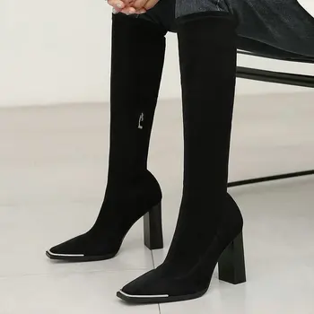 Women Square Super High Heels Knee High Boots Square Toe Zip Winter Fashion Metal Decoration Party Black Long Boots Woman Shoes
Women Square Super High Heels Knee High Boots Square Toe Zip Winter Fashion Metal Decoration Party Black Long Boots Woman Shoes