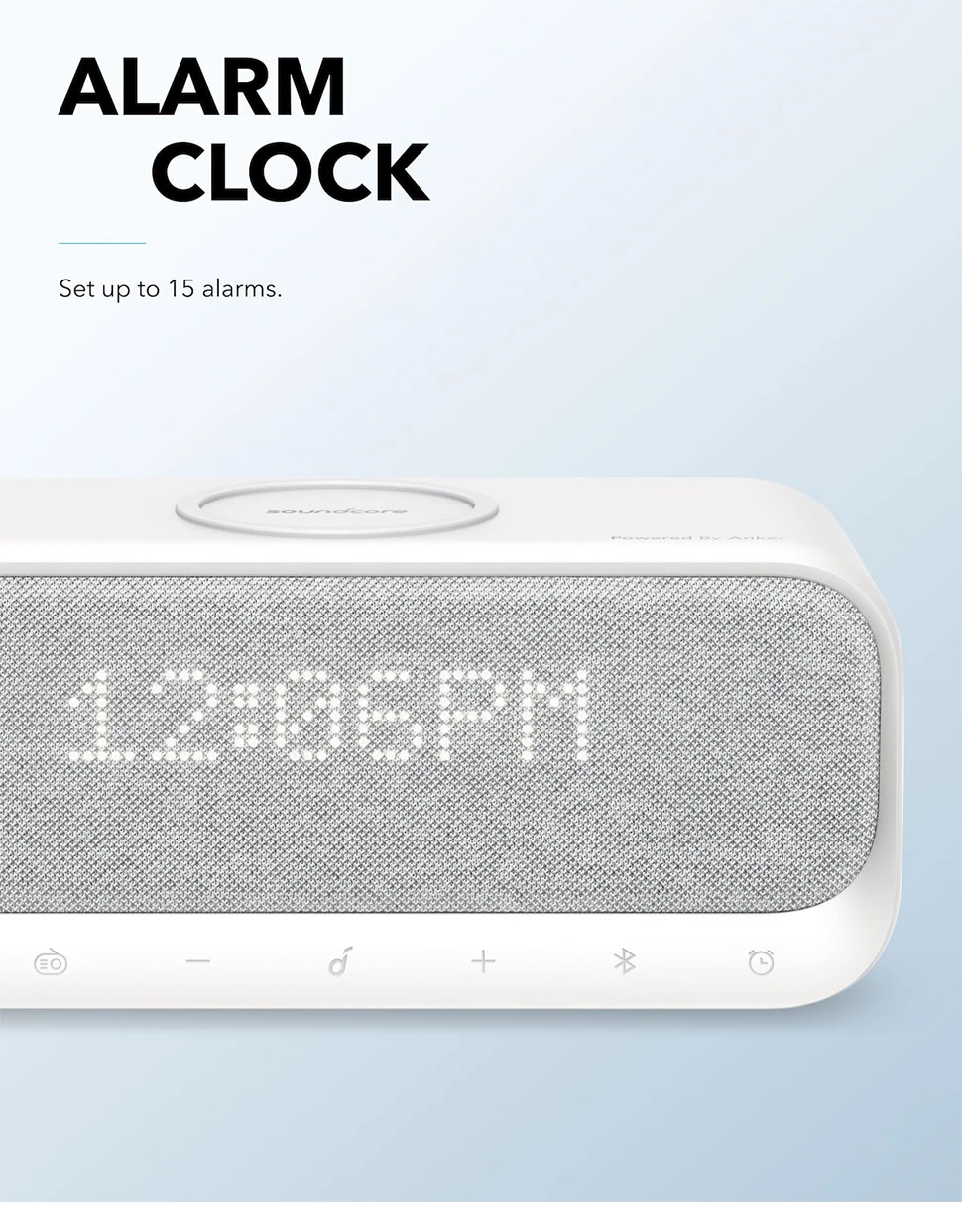 Bluetooth Speakers Powered by Anker with Alarm Clock, Stereo Sound, FM Radio, White Noise Bluetooth Speakers Powered by Anker with Alarm Clock, Stereo Sound, FM Radio, White Noise