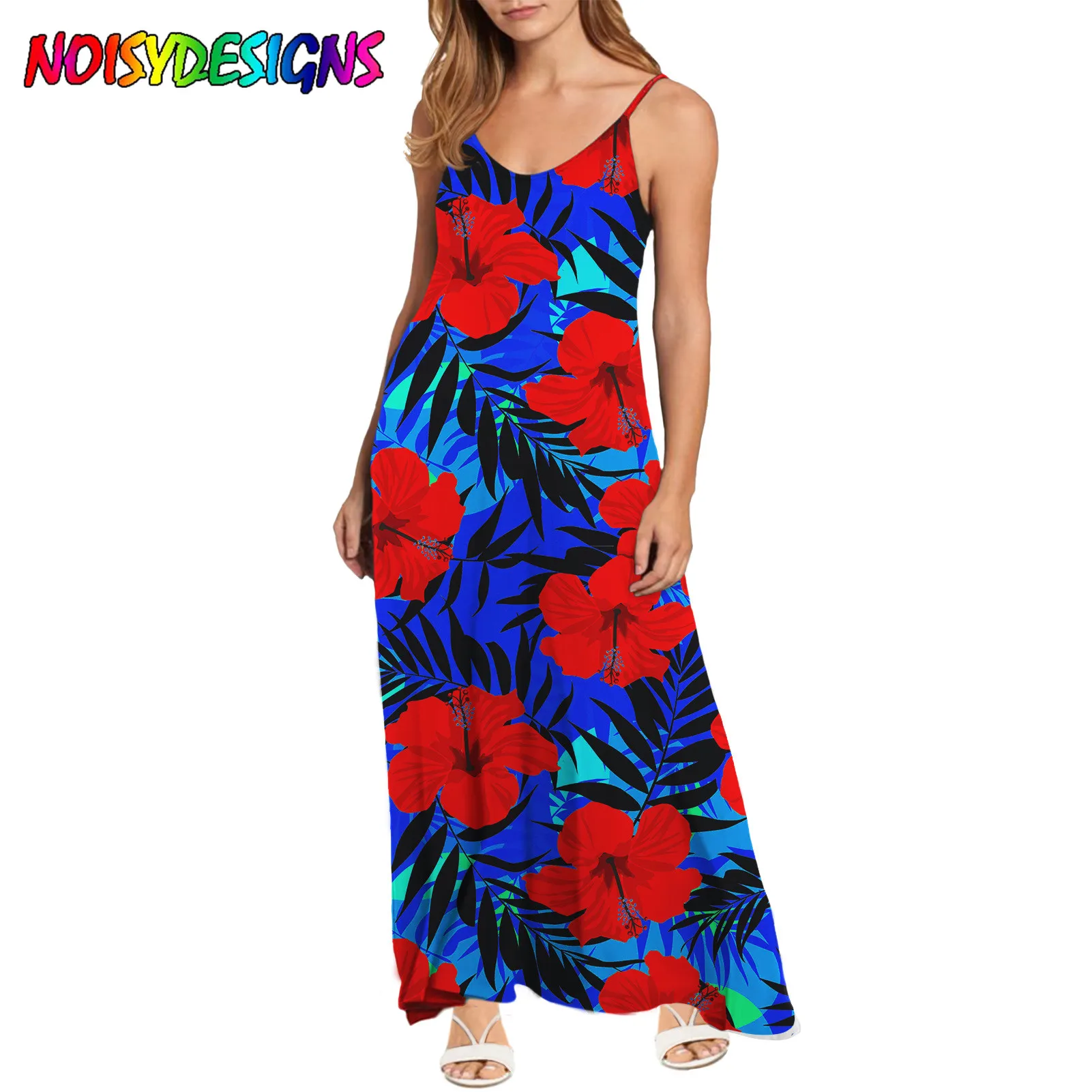 

NOISYDESIGNS 2021 New Summer Sleeveless Dresses For Women Hawaiian Tropical Hibiscus Flower Printing Elegant Lady Party Clothes