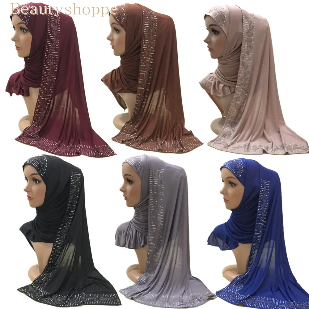 12 Colors One Loop Sliver Rhinestones Jersey Cotton Hijab Scarf Muslim Islamic Head Wrap Cover Solid Scarf
12 Colors One Loop Sliver Rhinestones Jersey Cotton Hijab Scarf Muslim Islamic Head Wrap Cover Solid Scarf