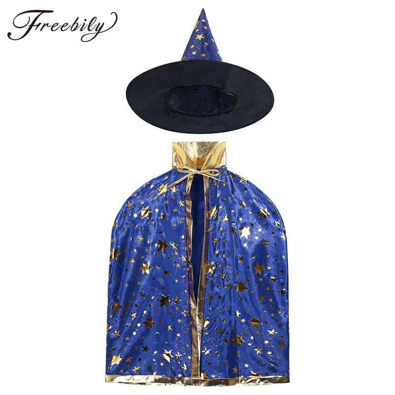 

Kids Halloween Costumes Witch Wizard Cloak Cape Pointed Hat Set Fancy Cosplay Party Stars Pattern Girls Boys Magician Outfit