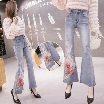 Flare jeans 2019 autumn new high waist stretch slim embroidery embroidered rose pearls beautify denim pants burrs 
Flare jeans 2019 autumn new high waist stretch slim embroidery embroidered rose pearls beautify denim pants burrs