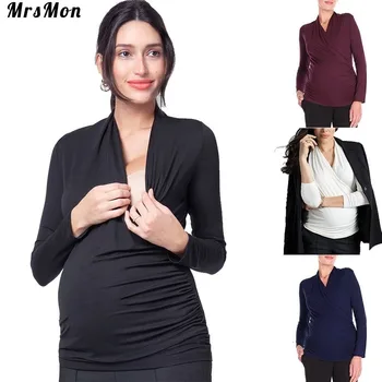 

Hot Selling Spring and Autumn Pregnant Women's Clothing with Wrinkled Cross Neck Nursing Top on Both Sides breast feeding dress
