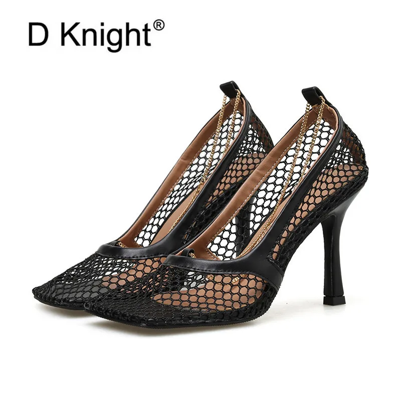 

Summer New Mesh Hollow Women Pumps Square Toe Metal Chain Stiletto Heel Shoes Woman Sexy Slip On Ladies High Heels Shoes Sandals