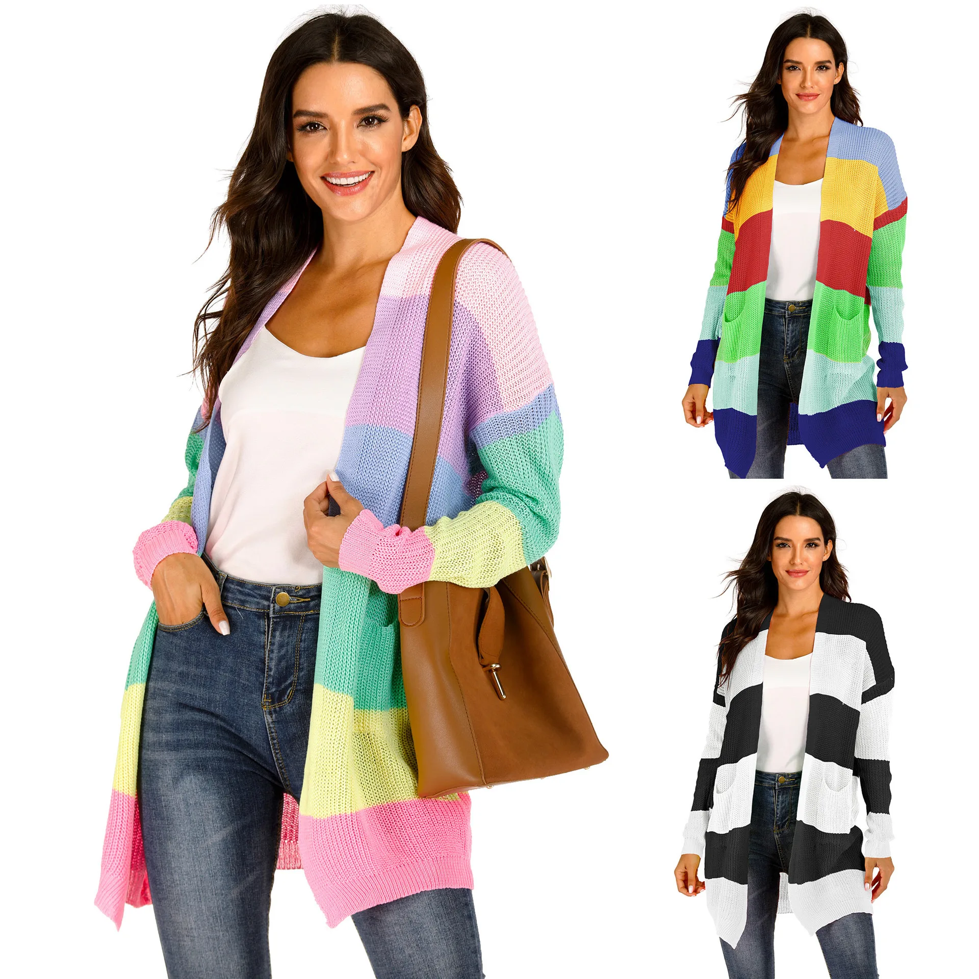 Autumn and Winter Women's Mixed Color Stitching Color Striped Knit Cardigan Large Pocket Sweater Coat Female Cardigan Pull Femme
Autumn and Winter Women's Mixed Color Stitching Color Striped Knit Cardigan Large Pocket Sweater Coat Female Cardigan Pull Femme