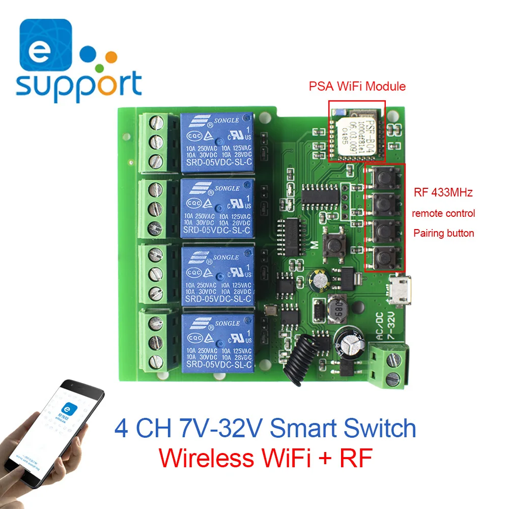 eWeLink Smart Remote Control Wifi wireless Switch Module 4CH DC 7V-32V 12V 24V 32V Inching Self-locking RF Receive 10A Relays
eWeLink Smart Remote Control Wifi wireless Switch Module 4CH DC 7V-32V 12V 24V 32V Inching Self-locking RF Receive 10A Relays