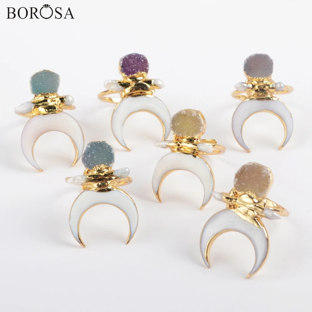 

BOROSA 5Pcs Fashion Gold Plating Moon Shape Natural White Shell & Rainbow Agates Druzy Adjustable Ring Jewelry for Lady G1861