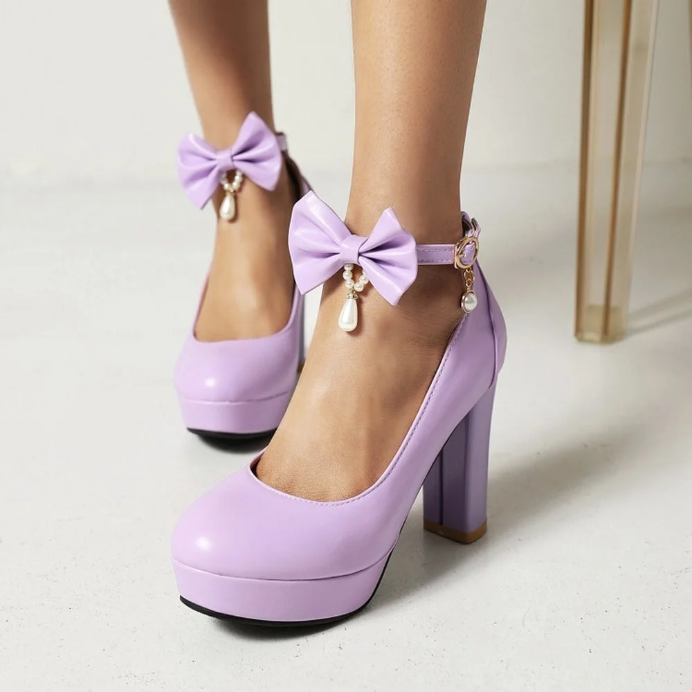 

Womens Platform BowKnot Pearls Block High Heel Pumps Shoes Mary Jane Lolita 5Colors Plus Size 34-48 2023