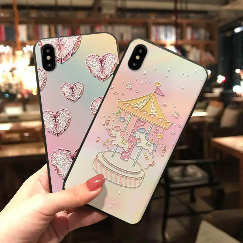 Милый розовый чехол для телефона с каруселем и котом iPhone XS MAX XR мягкий силиконовый