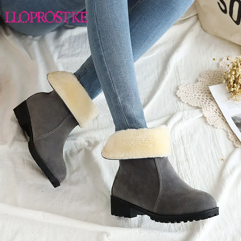 

Lloprost ke Fashion Chunky Heels Winter Snow Boots Women Suede Flock Black Army Green Booties Warm Plush Ankle Boots Female