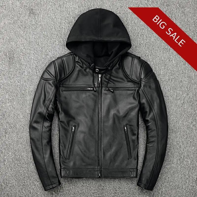 2020 Black Men American Style Hood Motorcycle Leather Jacket Plus Size 5XL Genuine Cowhide Autumn Slim Fit Biker's Leather Coat
2020 Black Men American Style Hood Motorcycle Leather Jacket Plus Size 5XL Genuine Cowhide Autumn Slim Fit Biker's Leather Coat