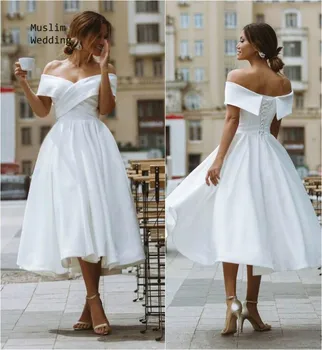 A Line Satin Short Wedding Dresses Off Shoulder Ankle Length Cheap Boho Wedding Dress For Bride 2020 Pleat Hippie Bridal Skirts 
A Line Satin Short Wedding Dresses Off Shoulder Ankle Length Cheap Boho Wedding Dress For Bride 2020 Pleat Hippie Bridal Skirts