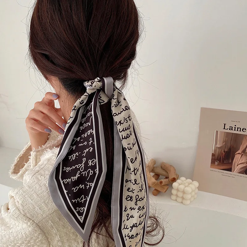 

New geometric slender narrow silk scarf retro French tie wrap ribbon scheming printing hair band headdress women