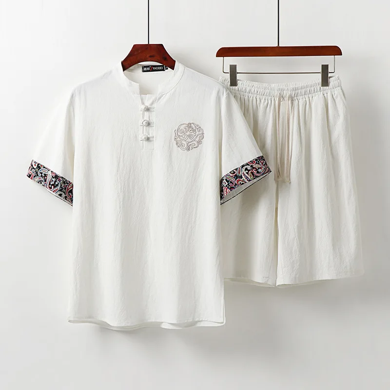 

Plus size men's summer Chinese style embroidery T-shirt sets 150Kg Bust 158cm 6XL 7XL 8XL 9XL 10XL 11XL loose linen tops