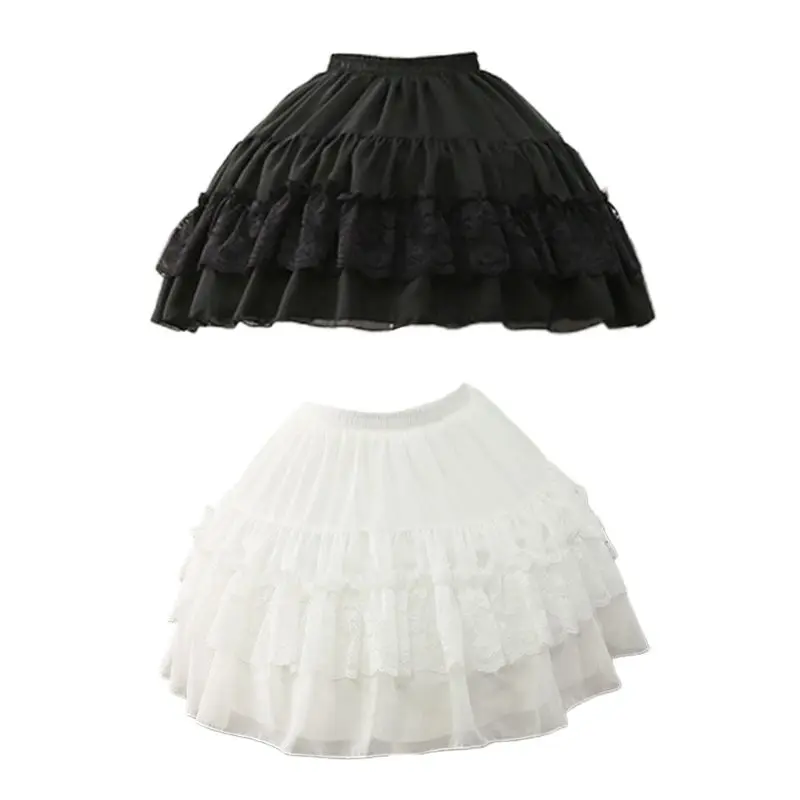 

Women White Petticoat Skirt Floral Lace Patchwork Tiered Ruffles Underskirt Lolita Bride Dress Flared Short Crinoline Adjustable