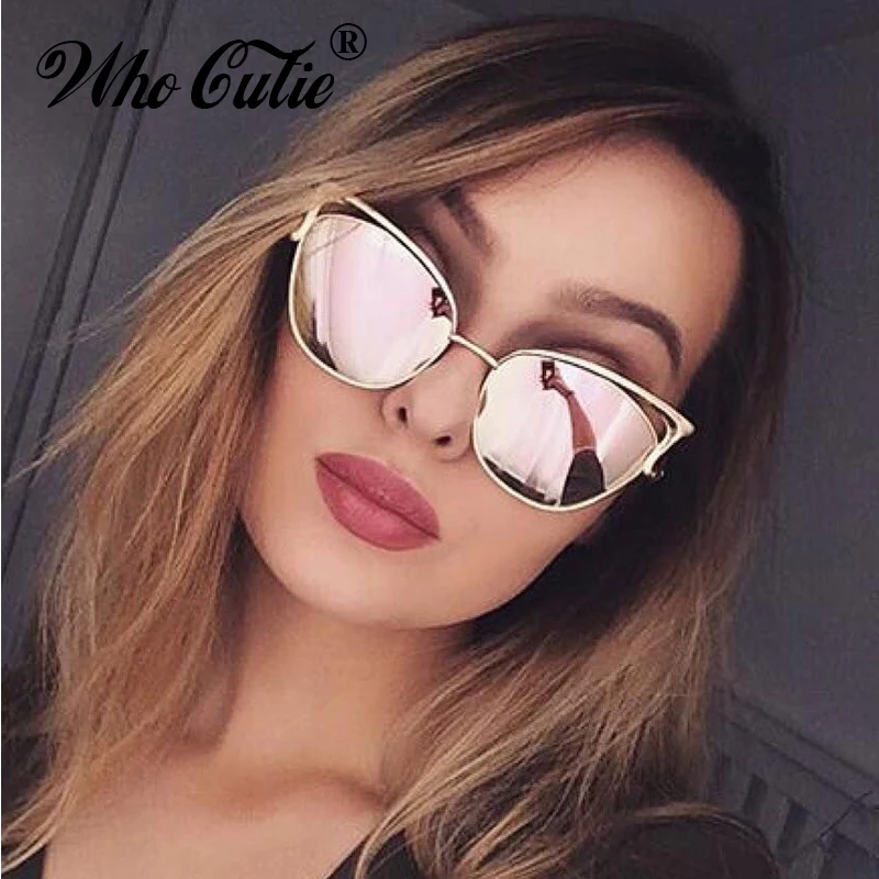 

WHO CUTIE 2024 Oversized Cat Eye Sunglasses Women Brand Designer Retro Vintage Gold Pink Mirror Sun Glasses Female Shades OM807