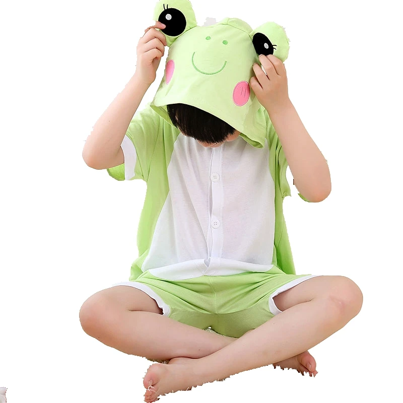 

Green Frog Animal Cosplay Costume Kids Summer Short Sleeve Kigurumi Cotton Zipper Onesie Boy Girl Anime Cartoon Outfit Pajama