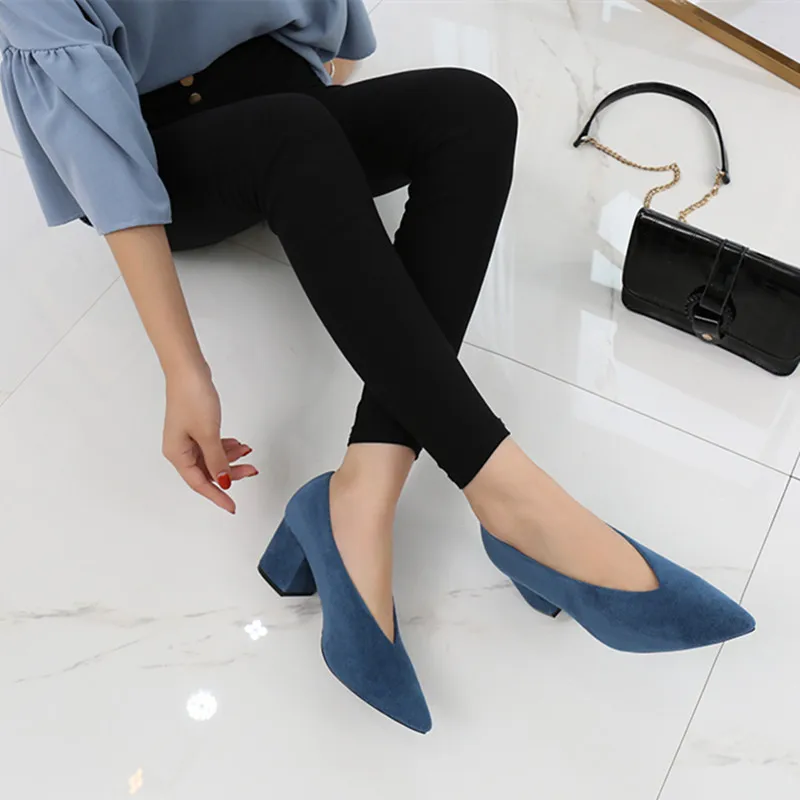 Korean High Thick Heel Single Shoes Female 2020 New High-heeled V-port Lady Shoes Comfortable Cashmere Women's Work Pumps Shoes  (22)