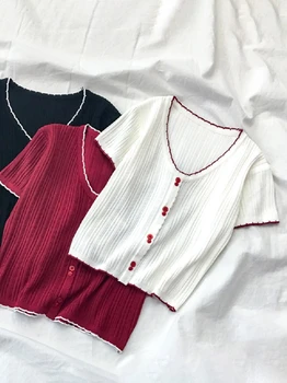 HELIAR Women T-Shirts Knitted Buttoned Up Cute T-Shirts V-Neck Solid Short Sleeve Flounce Hem Crop T-shirts Women 2020 Summer
HELIAR Women T-Shirts Knitted Buttoned Up Cute T-Shirts V-Neck Solid Short Sleeve Flounce Hem Crop T-shirts Women 2020 Summer