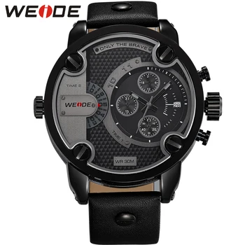 

WEIDE mens top luxury brand PU strap analog display watch fashion Dual Time Zone Date calendar Repeater relogio masculino clock