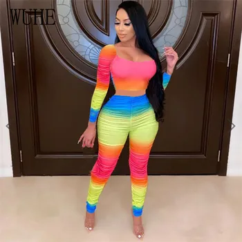 WUHE High Street Rainbow Striped Stacked Women Two Piece Set Crop Tops Pencil Ruched Pants Autumn Matching Set Fitness Outfit
WUHE High Street Rainbow Striped Stacked Women Two Piece Set Crop Tops Pencil Ruched Pants Autumn Matching Set Fitness Outfit