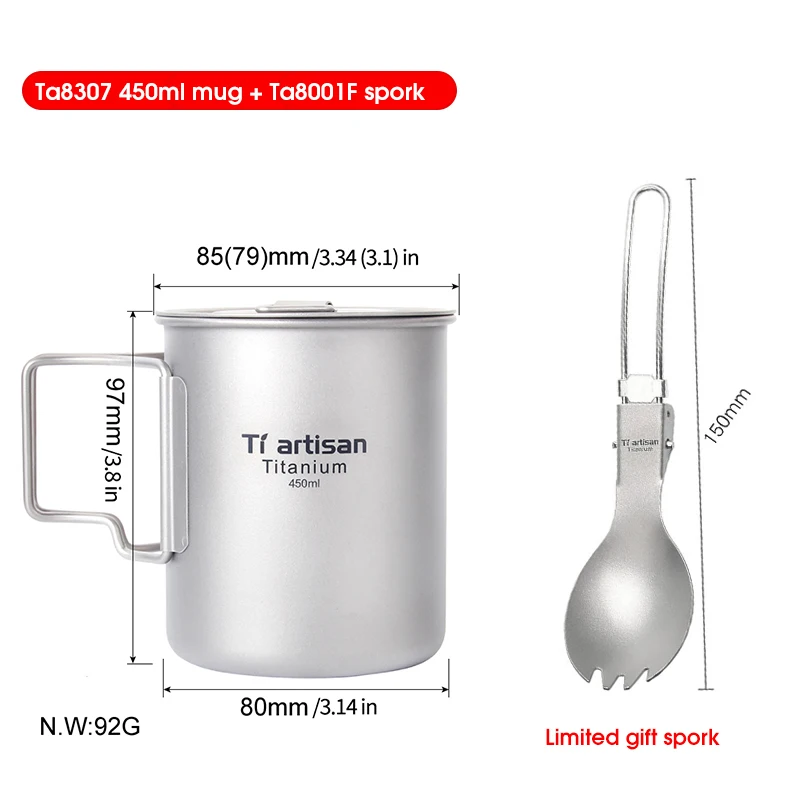 Tiartisan Kitchen Cup Titanium Camping Water Mug Metal Cookware Pot Foldable Hanlde Titanium Drinkware 450-750ml with Free Spork
Tiartisan Kitchen Cup Titanium Camping Water Mug Metal Cookware Pot Foldable Hanlde Titanium Drinkware 450-750ml with Free Spork