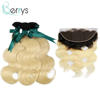 

Berrys Hair 1B/613 Ombre Blonde Color Peruvian Body Wave Hair Extension Bundles With 13x6 Lace Frontal Closure Virgin Hair 10A