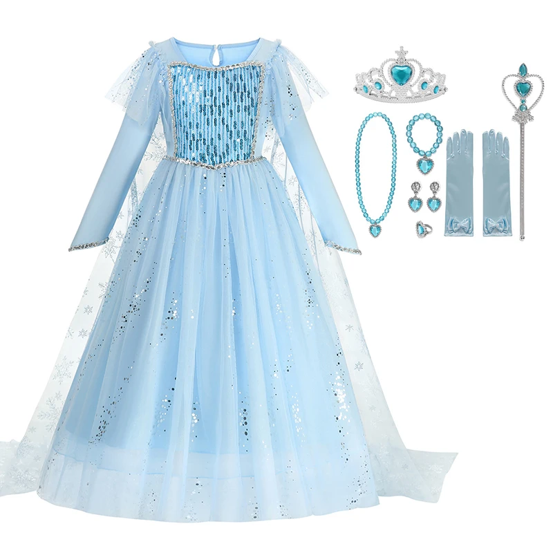 

VOGUEON Snow Queen Girl Dress Elsa Dresses Children Sequins Fancy Elza Cosplay Costume Kids For Halloween Party Princess Vestido